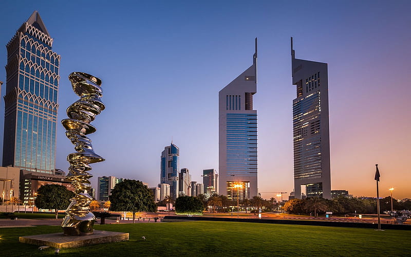 Emirates Towers, skyscrapers, Dubai, evening, sunset, modern statues, UAE, HD wallpaper