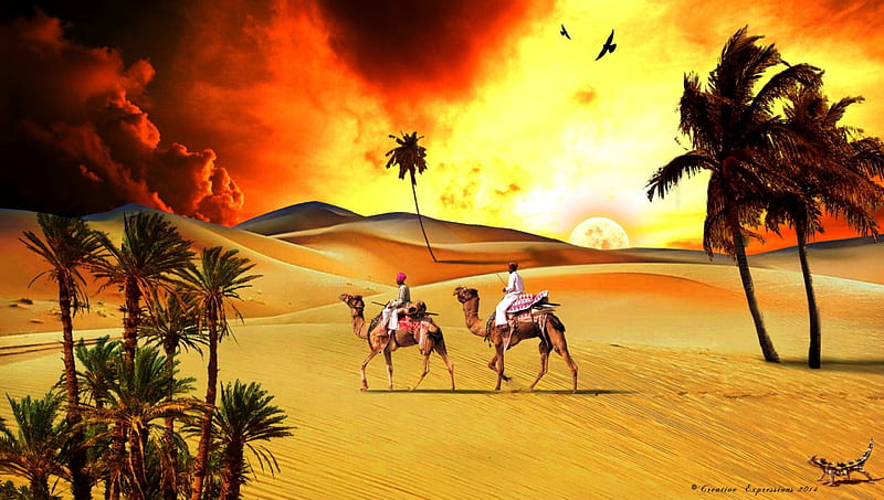 C.E. Fiery Sahara Sunset, art, sun, clouds, caravan, palms, sahara, sand, sunet, camels, HD wallpaper