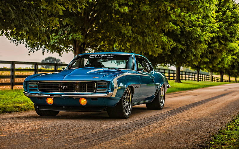 Chevrolet Camaro RS, road, muscle cars, 1969 cars, blue Camaro, R, american cars, Chevrolet Camaro, Chevrolet, HD wallpaper