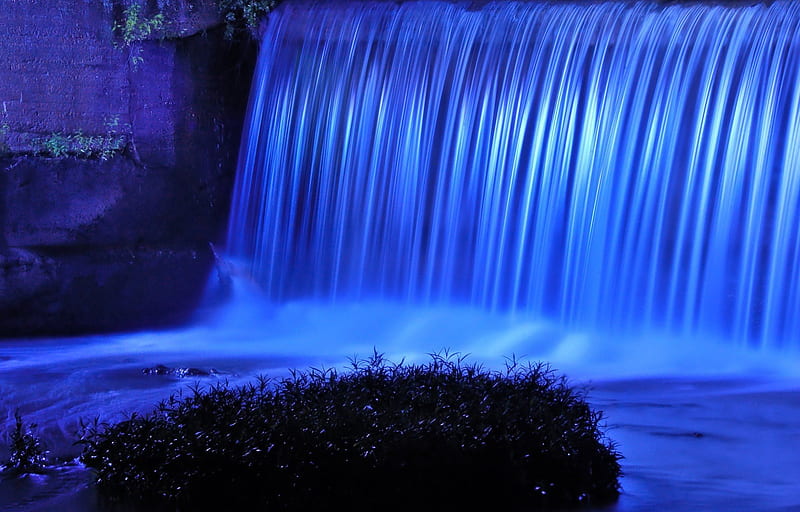 Blue Waterfall roc k, grass, high definition, curtain, foliage, nice, stones, vegetation, forests, rivers, black, waterfalls, water, cool, awesome, hop, beautiful graphy, cascades, moss, blue, night, falls amazing, bea uty, view, foam, colors, amzzing, dark, plants, nature, HD wallpaper