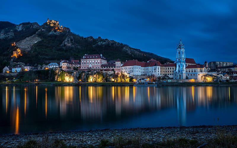 Durnstein, night, lake, reflection, Austria, HD wallpaper