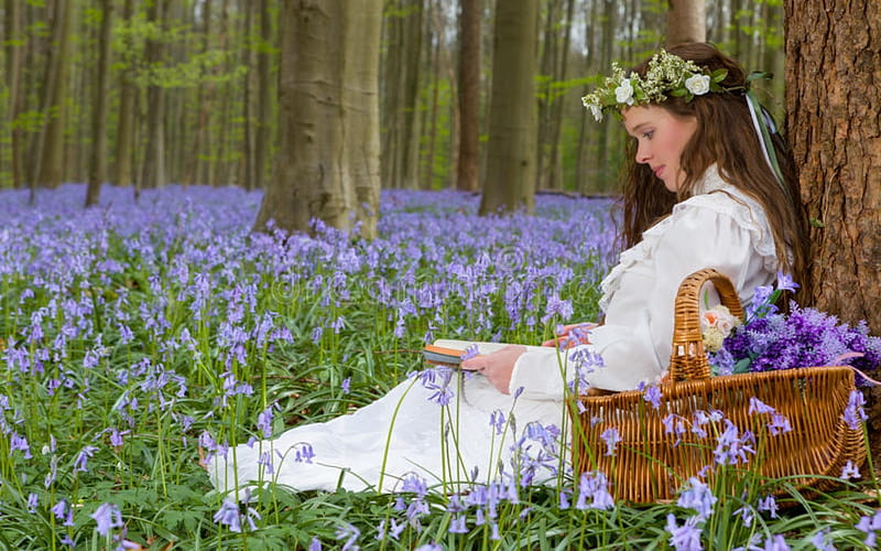 Bluebells With Vintage Woman, Forest, Trees, Bluebells, Vintage, White, Female, Woman, Flowers, HD wallpaper