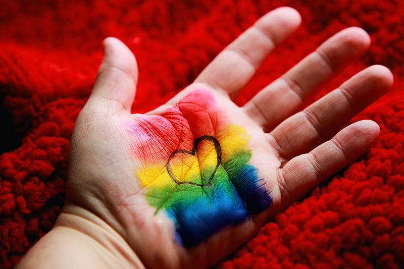 hand, heart, paint, rainbow, colorful, HD wallpaper