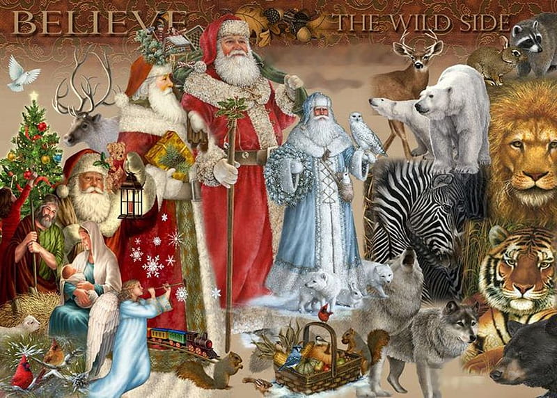 Believe The Wild Side, christmas, polar bears, tiger, artwork, santa, snow, painting, wolves, zebra, animals, HD wallpaper