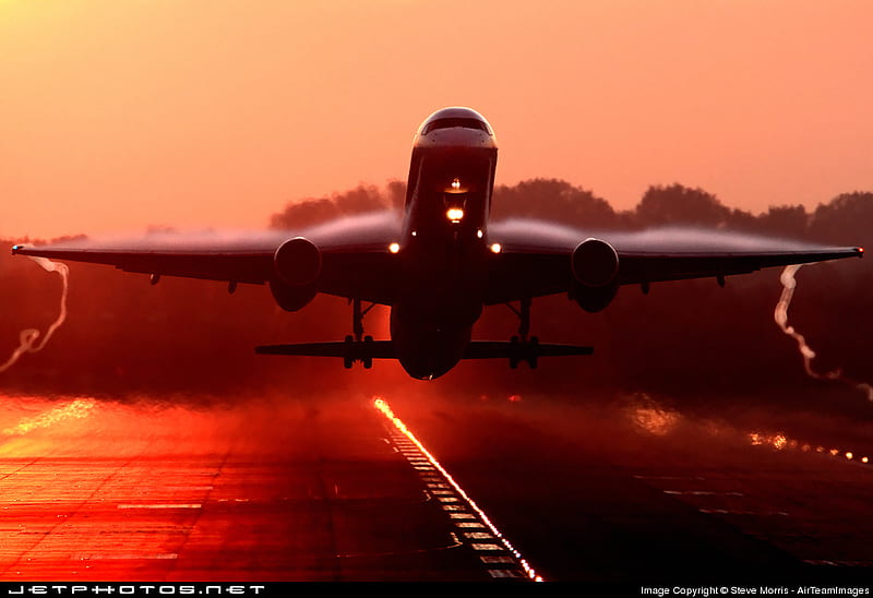 Taking Off at Sunset, runway, plane, orange, sunset, jet, HD wallpaper