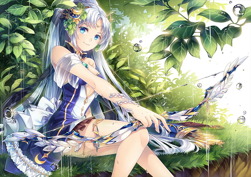 Archer, pretty, dress, plant, bonito, bow, arrow, sweet, ponytail, leaves, nice, anime, hot, beauty, anime girl, long hair, female, lovely, sexy, tree, water, girl, rain, silver hair, lady, maiden, HD wallpaper