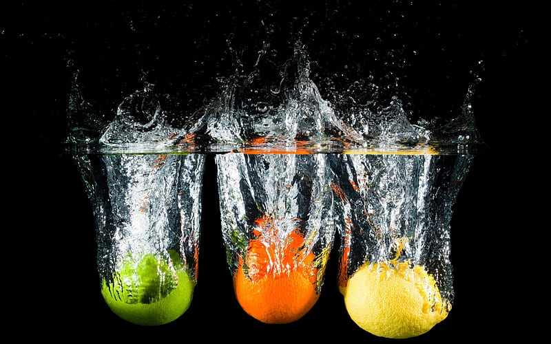 fruits in water, orange, lemon, lime, water, HD wallpaper