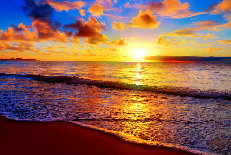 Sunset, shore, sun, orange, yellow, clouds, sea, beach, SkyPhoenixX1, sunrise, morning, evening, blue, vacation, holiday, ocean, waves, sky, summer, sunshine, nature, coast, HD wallpaper
