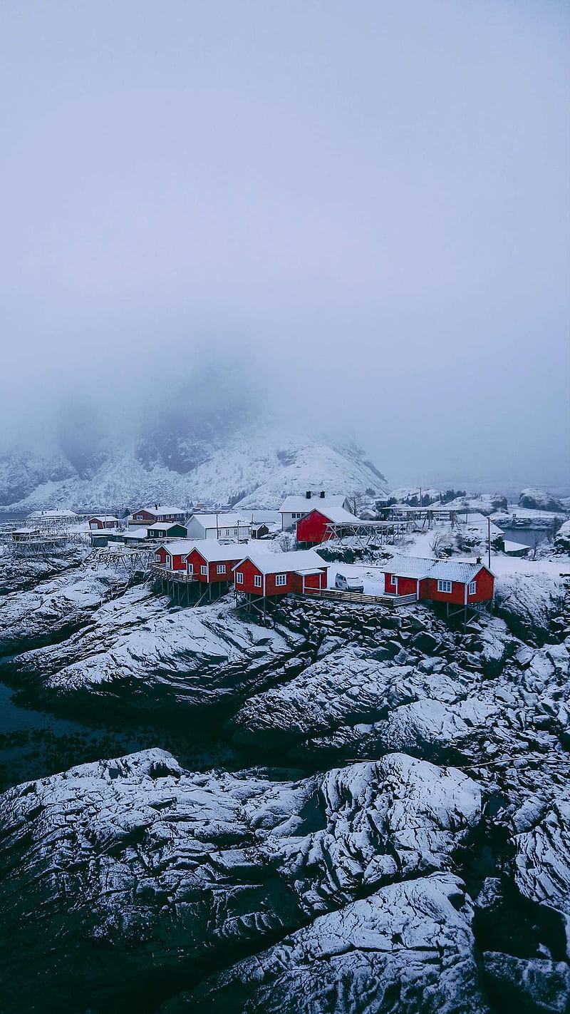 landscape, vertical, winter, snow, mist, house, town, rock, white, HD phone wallpaper