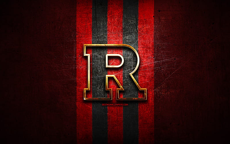 Rutgers Scarlet Knights, golden logo, NCAA, red metal background, american football club, Rutgers Scarlet Knights logo, american football, USA, HD wallpaper