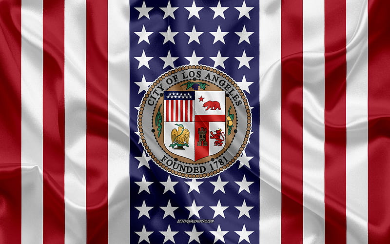 Los Angeles Seal silk texture, American Flag, USA, Los Angeles, California, American City, Seal of the Los Angeles, silk flag, HD wallpaper