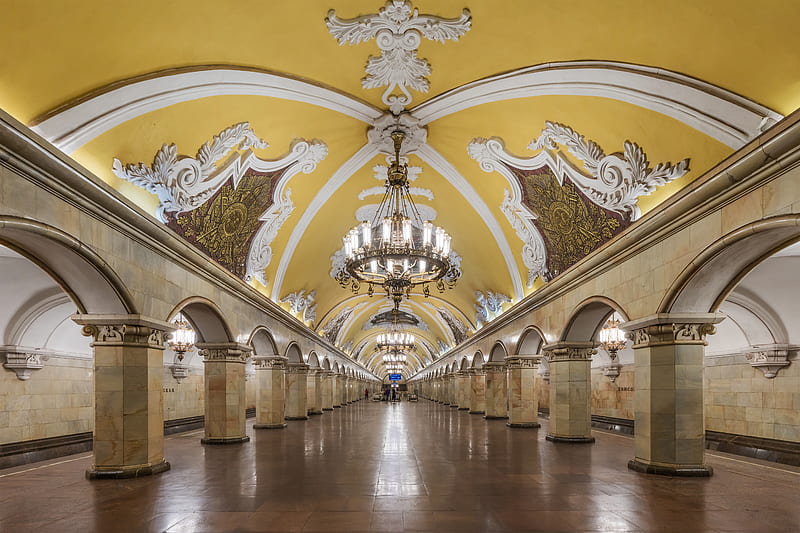 Man Made, Subway, Chandelier, Columns, Moscow, Russia, Train Station, Tunnel, Underground, HD wallpaper