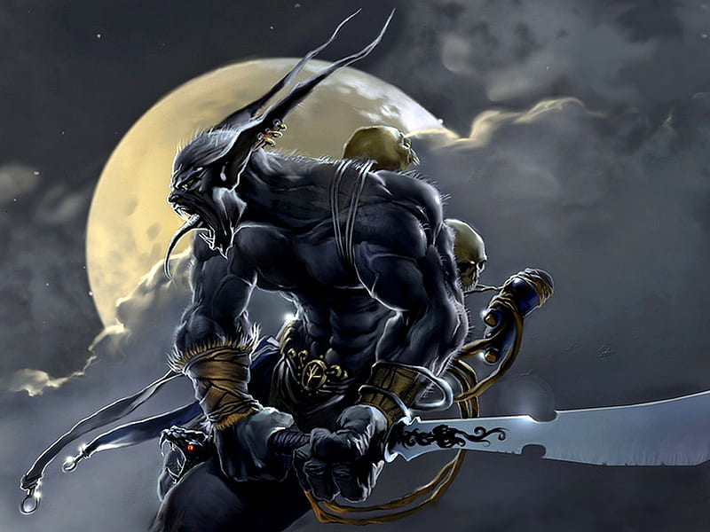 demon warrior, skulls, moon, muscular, clouds, sword, HD wallpaper