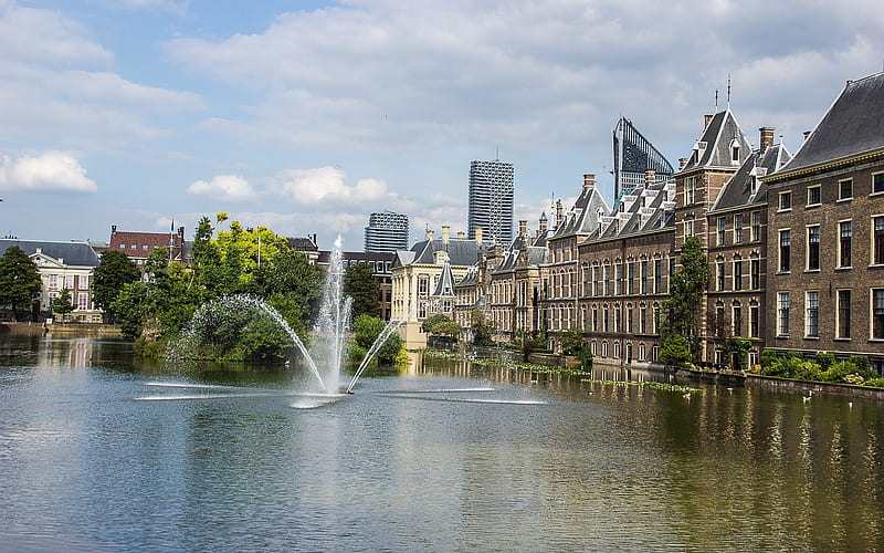 Hague, Netherlands, fountain, Netherlands, canal, houses, Hague, HD wallpaper