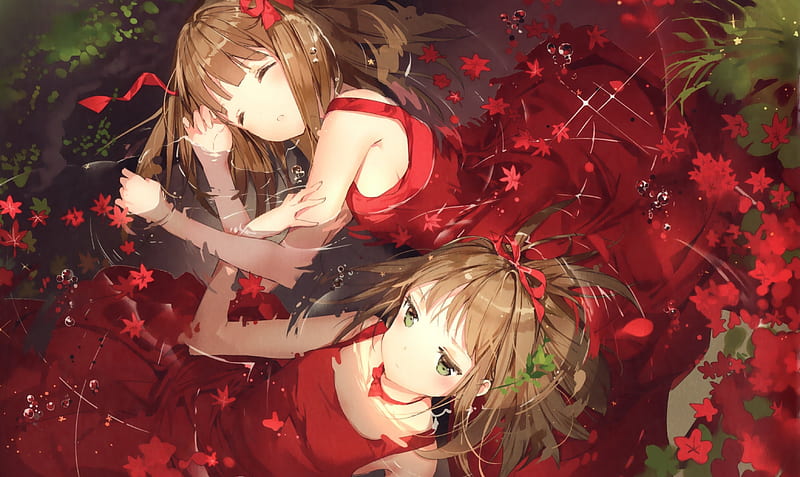 Together Always~, leaves, water, anime, sisters, sleeping, twins, red  dresses, HD wallpaper | Peakpx