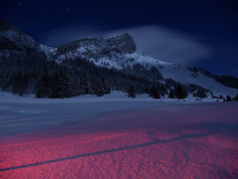 mountain, snow, night, trees, Landscape, HD wallpaper