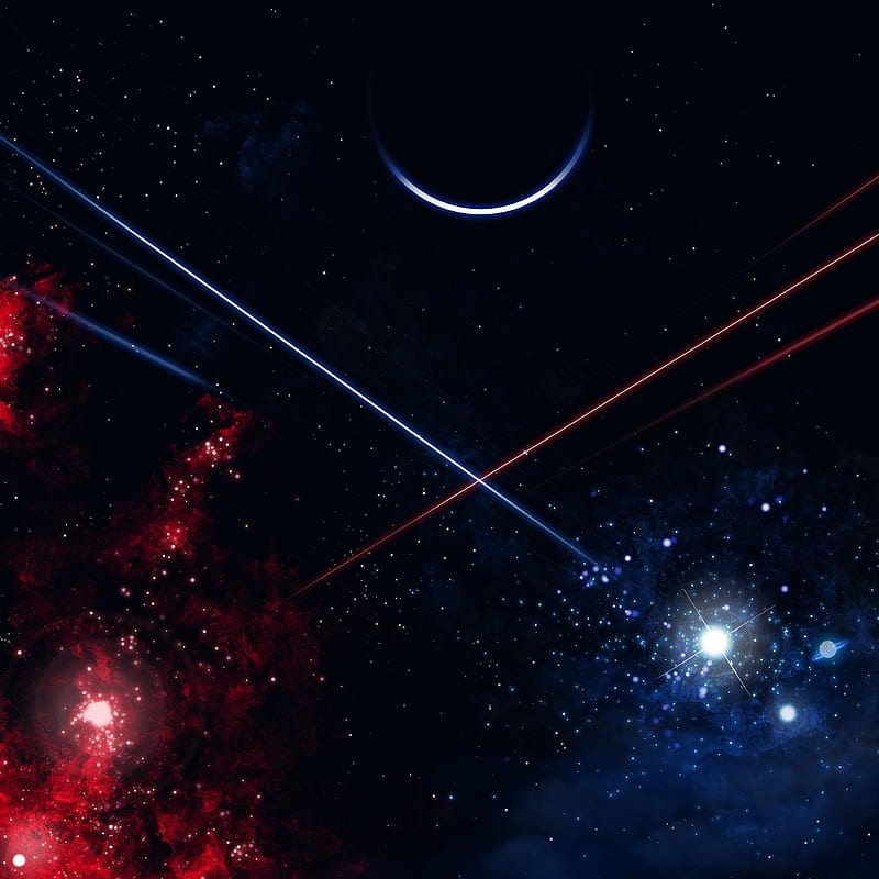 Galaxy war, space, spacetime, laser, red, blue, stars, night, dark, HD phone wallpaper