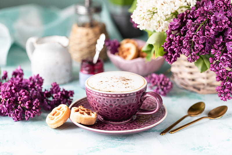 Food, Lilac, Coffee, Still Life, Flower, Cup, Drink, Breakfast, HD wallpaper