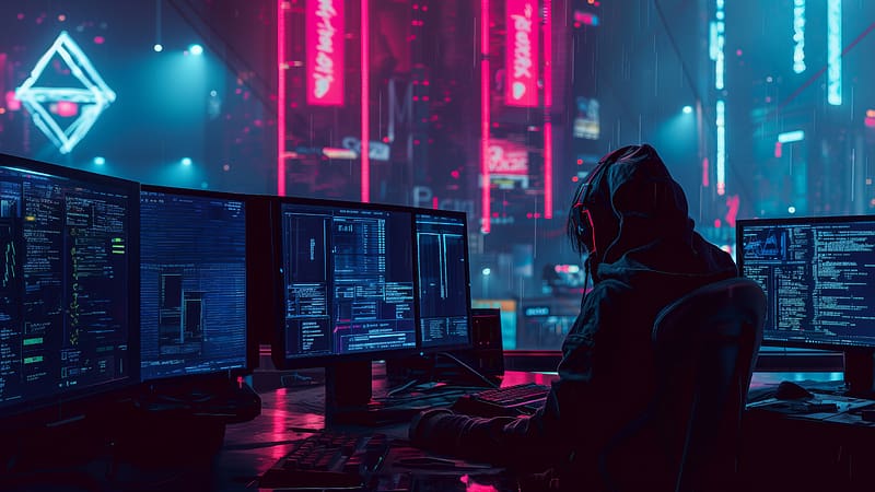 Futuristic Cyberpunk Hacking, futuristic, 3d, silhouette, computers, shadows, HD wallpaper