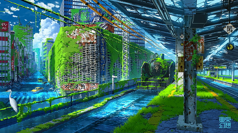 anime apocalypse, ruins, grass, bushes, train station, scenic, post-apocalyptic, Anime, HD wallpaper