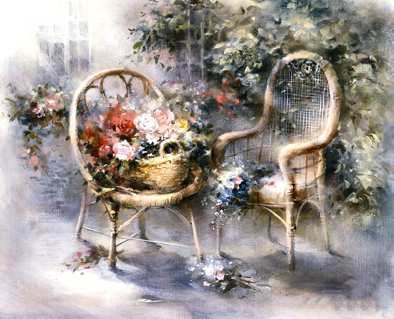 Summer Wicker Chairs, art, romance, rose, bonito, artwork, floral, basket, love, painting, wide screen, flower, chairs, beauty, HD wallpaper