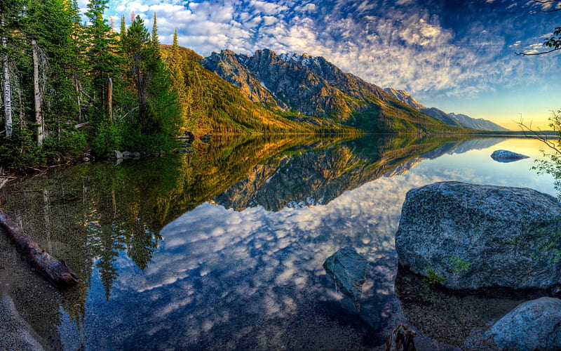 Jenny Lake, Wyoming, hills, forest, usa, reflection, trees, clouds, HD wallpaper