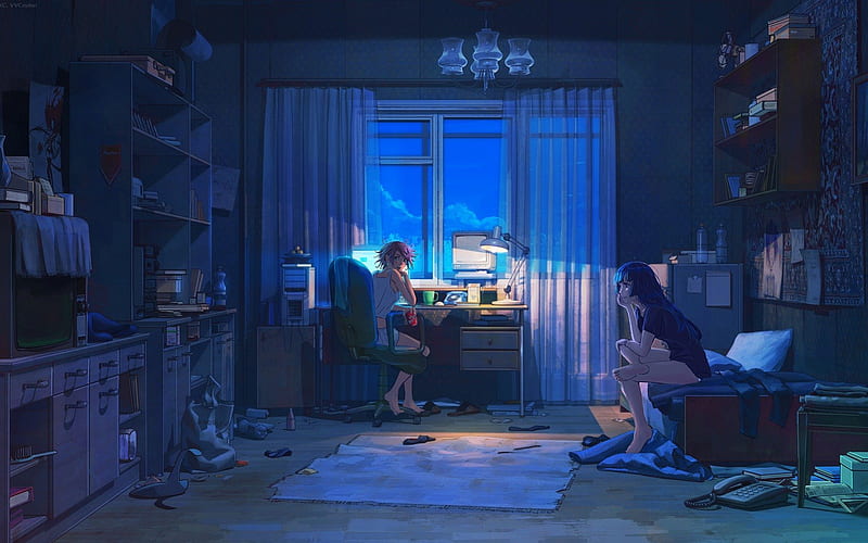 Với phòng tối Anime nền HD này, bạn sẽ có một không gian phòng cực kì độc đáo. Từ bàn làm việc đến cửa sổ và tường, tất cả đều được thể hiện theo phong cách Anime đặc trưng. Hãy để tâm trí của bạn được xảy lao với hình nền này vào buổi tối!