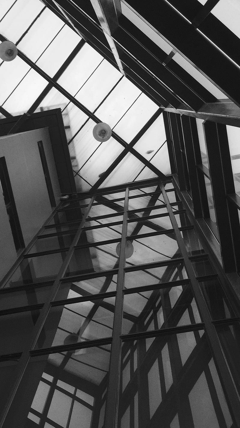 Look Around, black, building, glass, lines, white, HD phone wallpaper