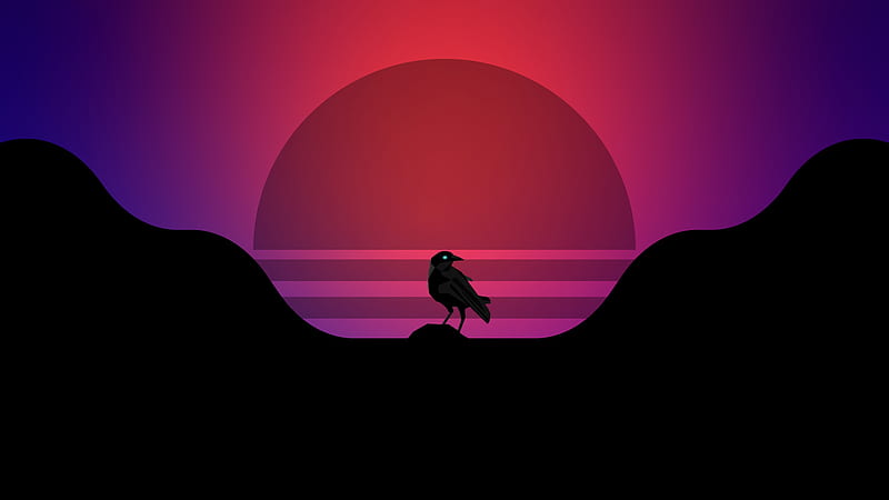 Bird On Rock In Moon Background Vaporwave, HD wallpaper