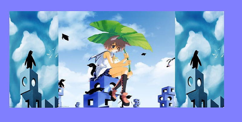 Anime Neko Penguin, anime, neko girl, penguin, leaf, HD wallpaper