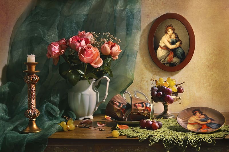 Still life, Bouquet, Portrait, Cups, Candle, Vase, Napkin, HD wallpaper
