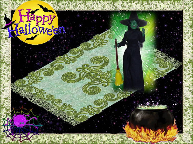 HAPPY HALLOWEEN!, cauldron, halloween, bat moon, spider, magic carpet, HD wallpaper