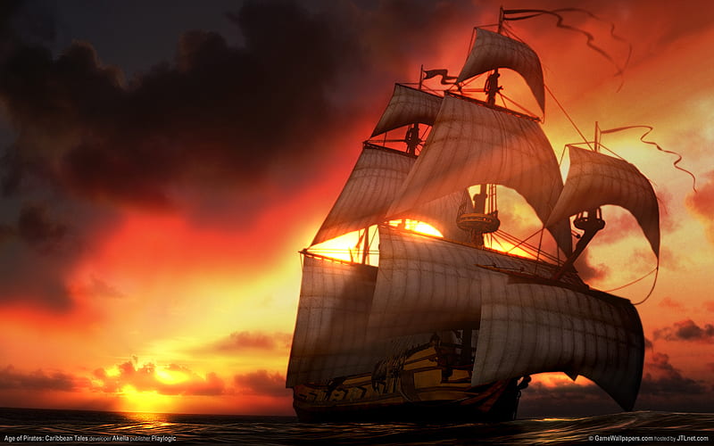 Pirates Ship, pirates, video game, sunset, abstract, age of pirates, sea, water, ship, evening, pc, HD wallpaper