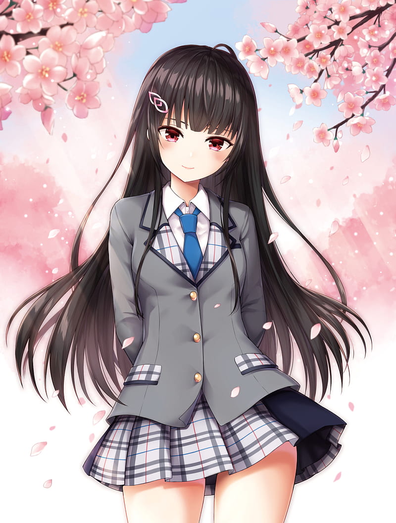 Anime, anime girls, long hair, white hair, school uniform, cherry blossom,  Taya Oco, HD phone wallpaper | Peakpx