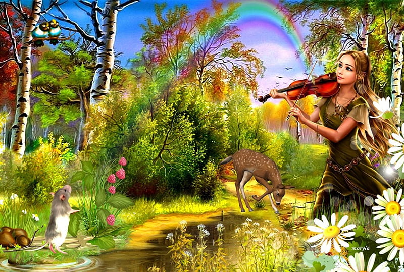 fantasy girl with violin, violin, grass, music, birch, rainbow, trees, roe deer, fantasy, girl, mouse, summer, nature, daisy, HD wallpaper