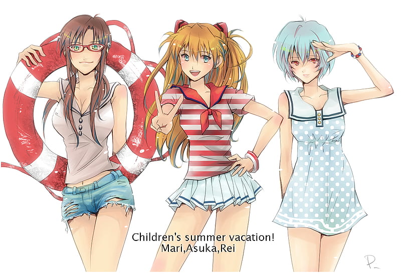 Evangelion girls, brown hair, glasses, summer dress, blonde hair, short hair, blue hair, blue eyes, long hair, 3girls, red eyes, HD wallpaper Evangelion girls, brown hair, glasses, summer dress, blonde hair, short hair, blue hair, blue eyes, long hair, 3girls, red eyes, HD wallpaper