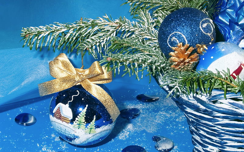 ≈ Christmas Moments ≈, christmas, basket, golden, decorations, bow, blue, winter, HD wallpaper