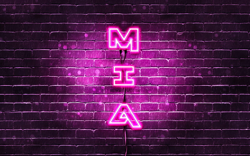 Mia, vertical text, Mia name, with names, female names, purple neon lights, with Mia name, HD wallpaper