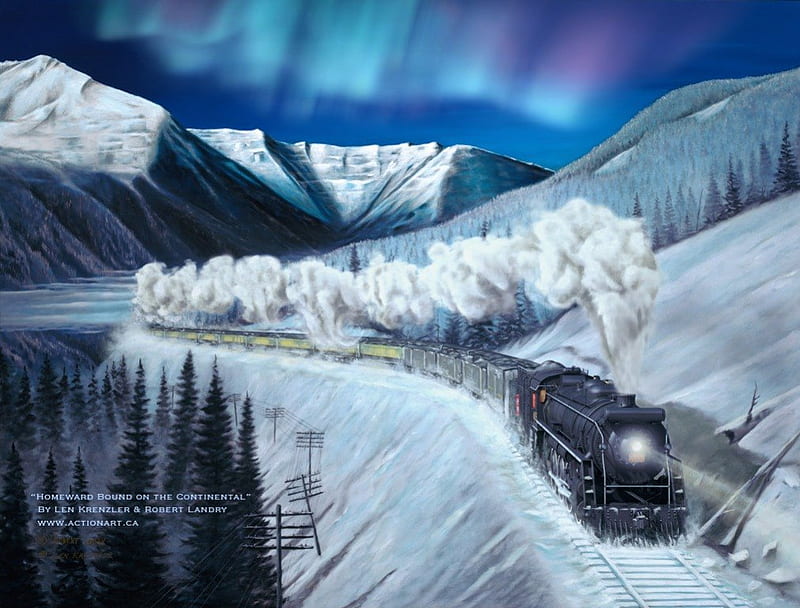Homeward Bound, forest, snow, mountains, steam train, winter, HD wallpaper