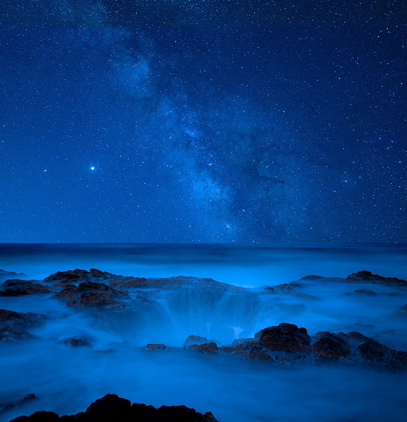 sea, coast, starry sky, night, HD phone wallpaper