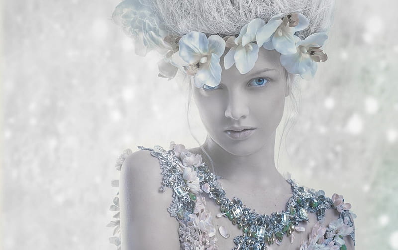 Ice princess, Agate Muzikante, woman, winter, bokeh, girl, orchid, flower, white, blue, HD wallpaper