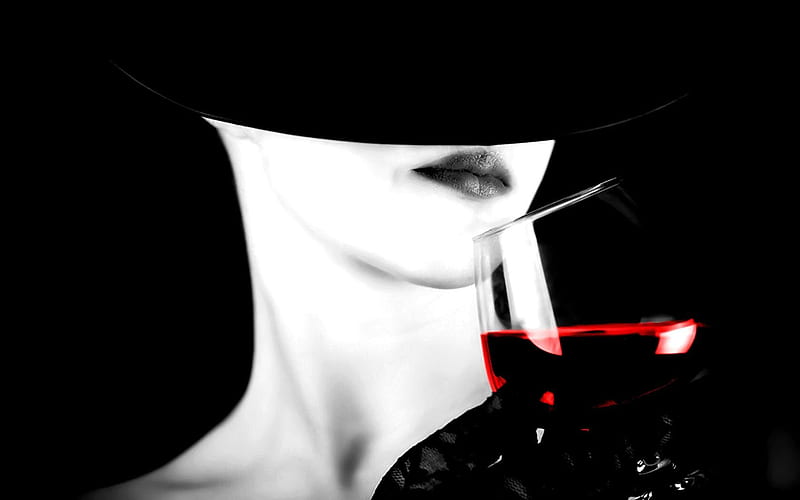 Red wine, female, model, black and white, black, bonito, woman, sexy, graphy, girl, face, eyes, HD wallpaper