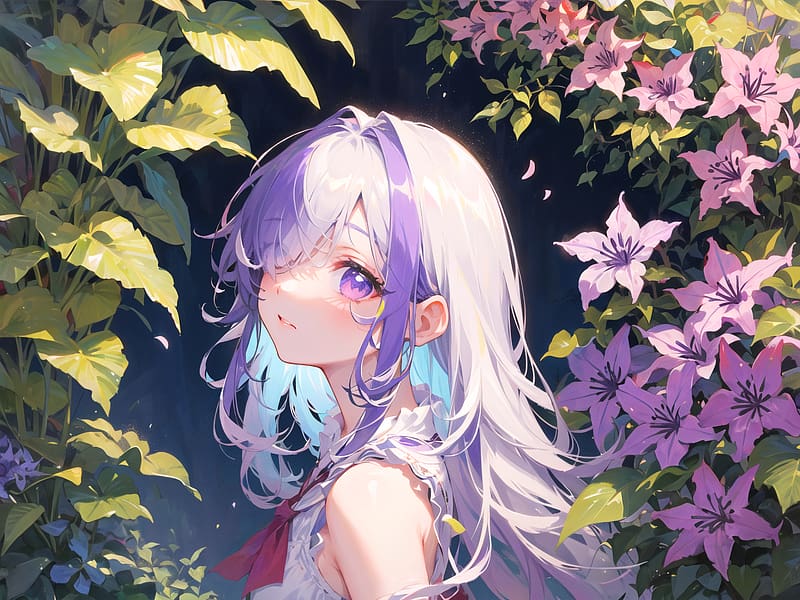 Girl, dress, glance, flowers, leaves, anime, HD wallpaper | Peakpx