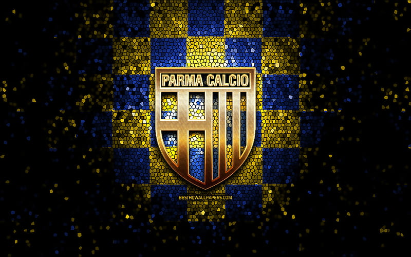 Parma FC, glitter logo, Serie A, blue yellow checkered background, soccer, Parma Calcio 1913, italian football club, Parma logo, mosaic art, football, Italy, HD wallpaper