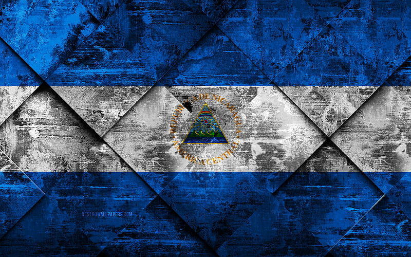 Flag of Nicaragua grunge art, rhombus grunge texture, Nicaragua flag, North America, national symbols, Nicaragua, creative art, HD wallpaper