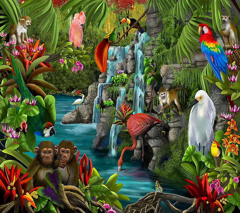 Placid Waters, birds, jungle, painting, tropical, HD wallpaper