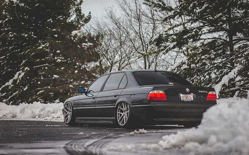 bmw e38, snow, trees, tuning, black cars, Vehicle, HD wallpaper