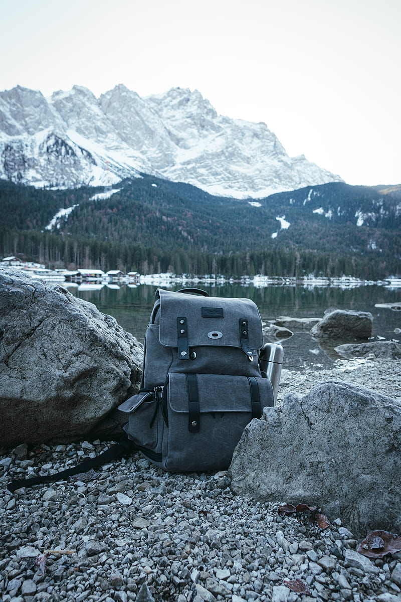 backpack, mountain, lake, shore, nature, gray, HD phone wallpaper
