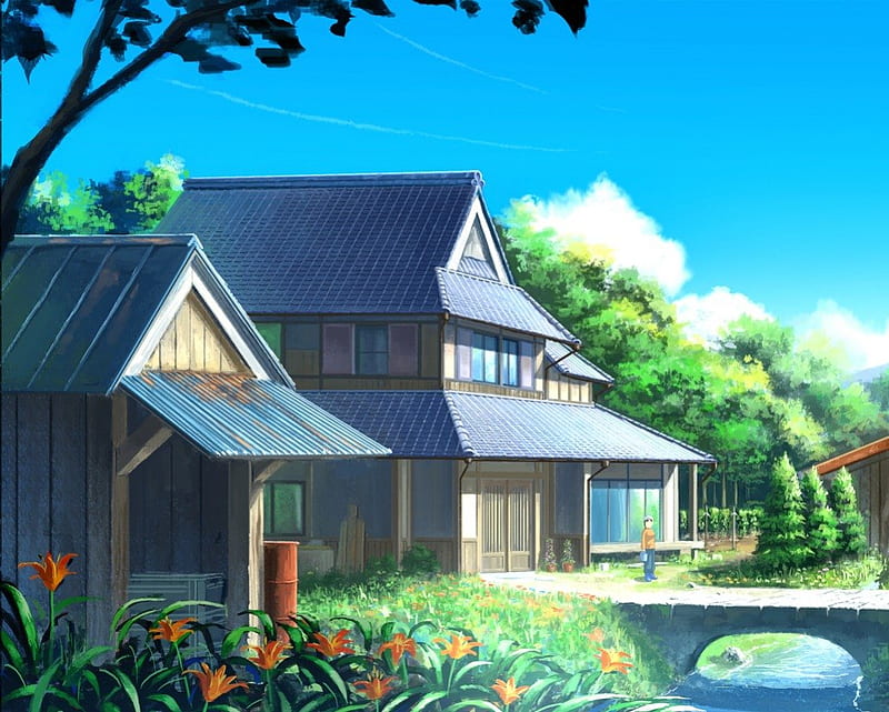 Country Side, pretty, house, scenic, plant, home, bonito, sweet, nice, anime, beauty, scenery, cloud, lovely, sky, building, tree, nature, scene, HD wallpaper