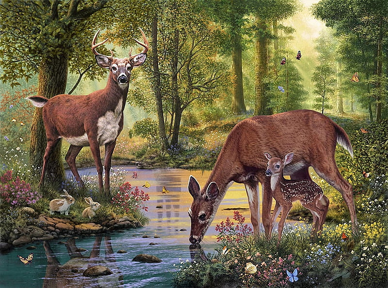 Woodland Stream, forest, water, flowers, painting, creek, trees, deer, artwork, HD wallpaper